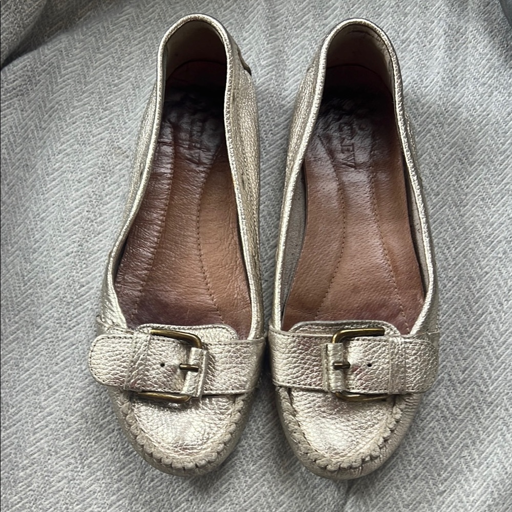 J.Crew Women's Leather Driving Moccasins/Loafers in Metallic Platinum, Size 8
